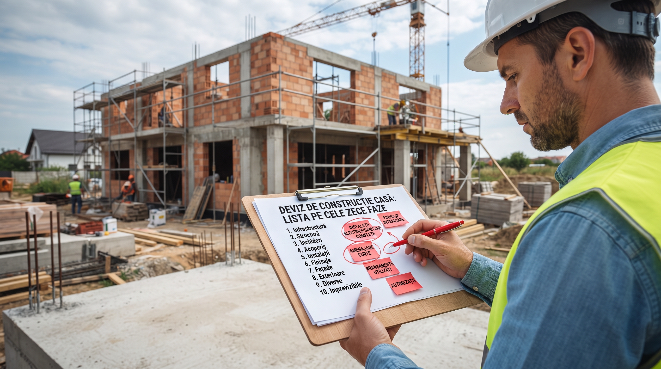 Șantier de casă în construcție, cu planuri și deviz pe masă